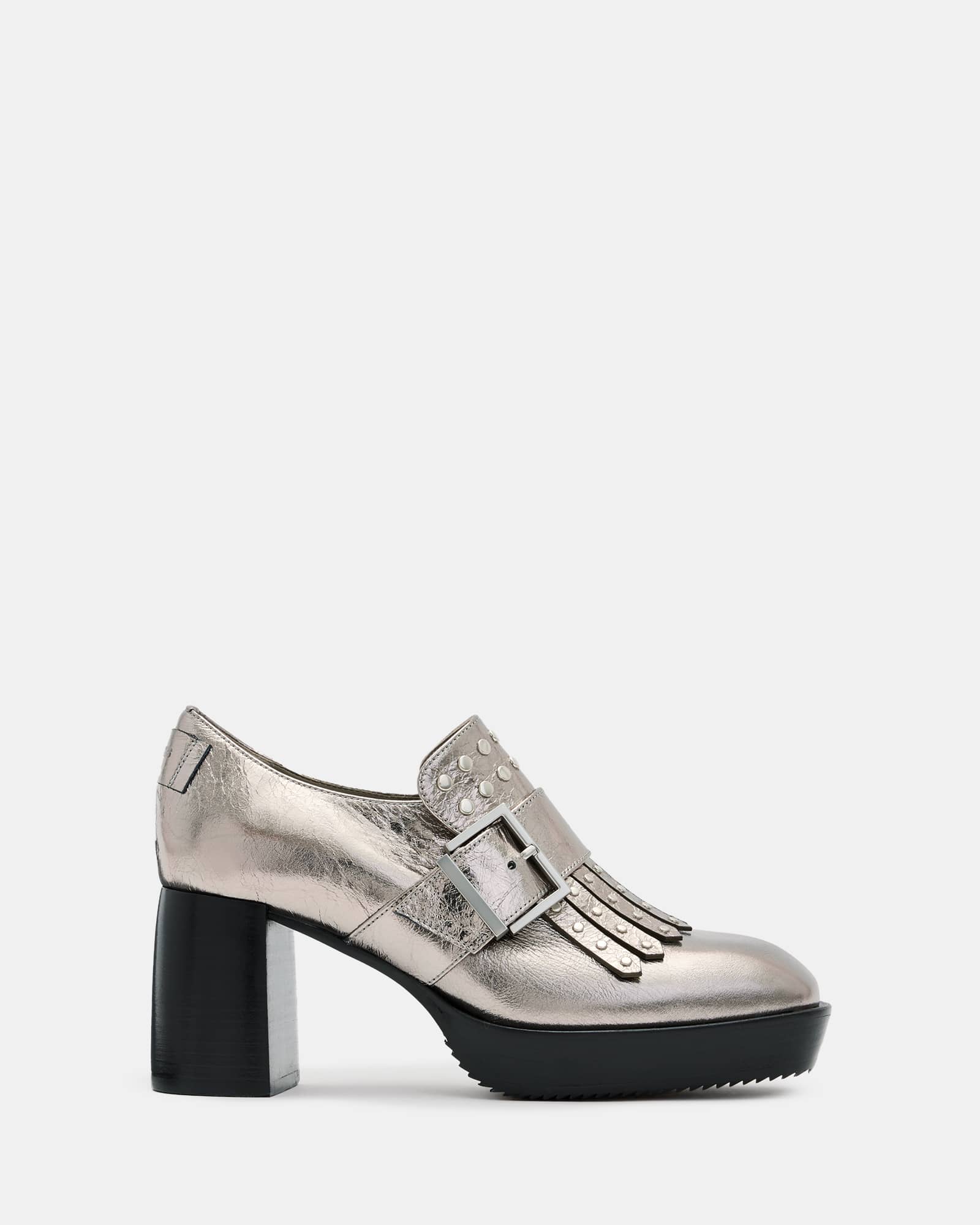 All Saints Zia Studded Leather Heeled Loafers Gunmetal Grey