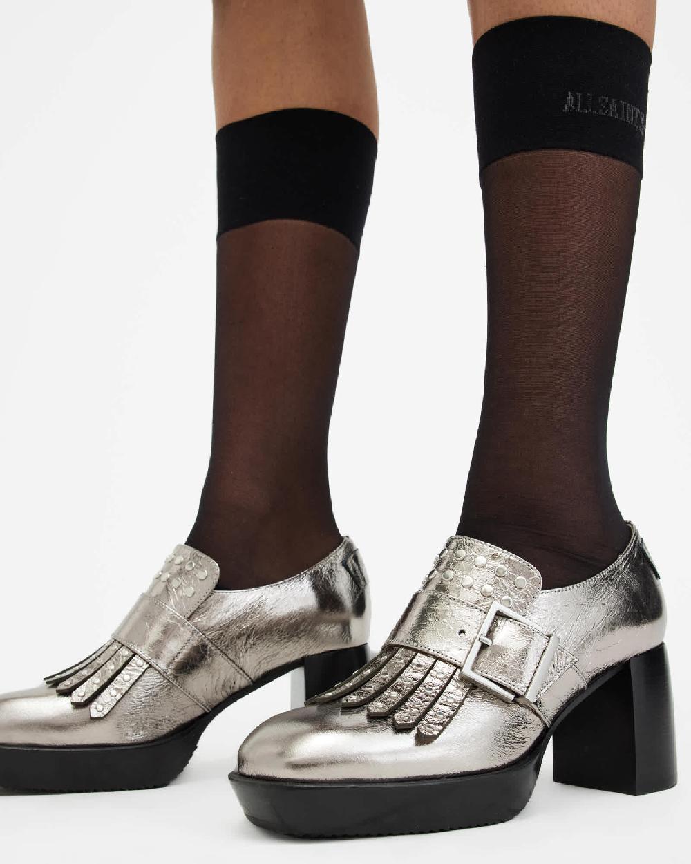 All Saints Zia Studded Leather Heeled Loafers Gunmetal Grey