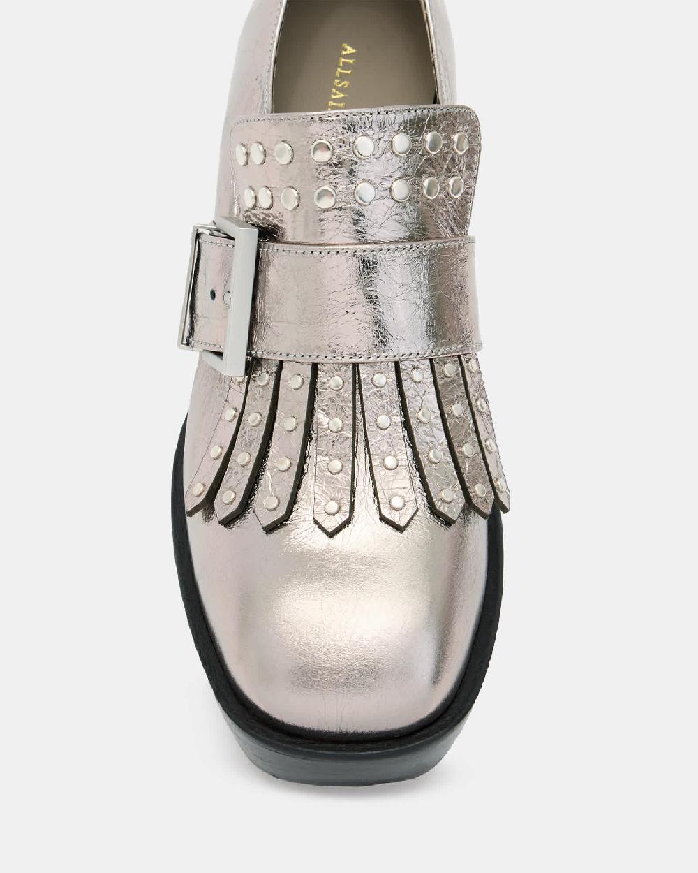 All Saints Zia Studded Leather Heeled Loafers Gunmetal Grey