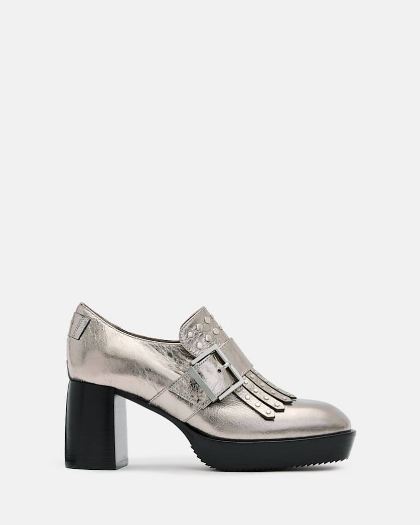 all saints Zia Studded Leather Heeled Loafers Gunmetal Grey