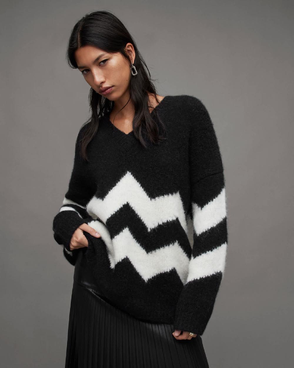 All Saints Ziggi Zig Zag Striped V-Neck Sweater BLACK/CHALK WHITE