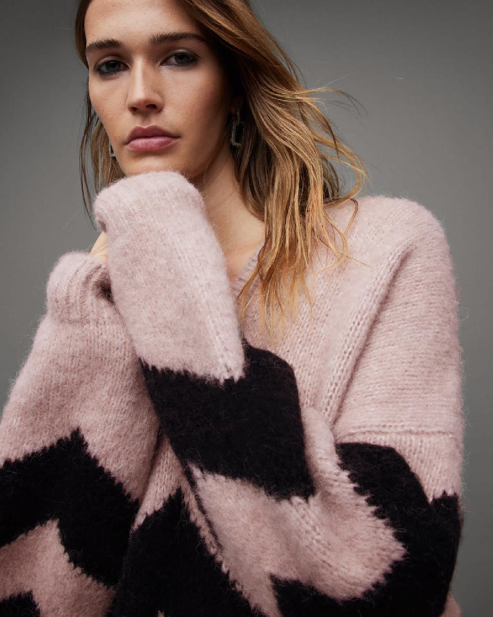 All Saints Ziggi Zig Zag Striped V-Neck Sweater PASHMINA PINK/BLK