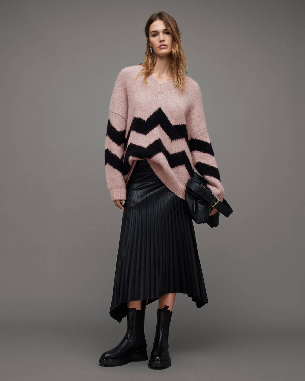 All Saints Ziggi Zig Zag Striped V-Neck Sweater PASHMINA PINK/BLK