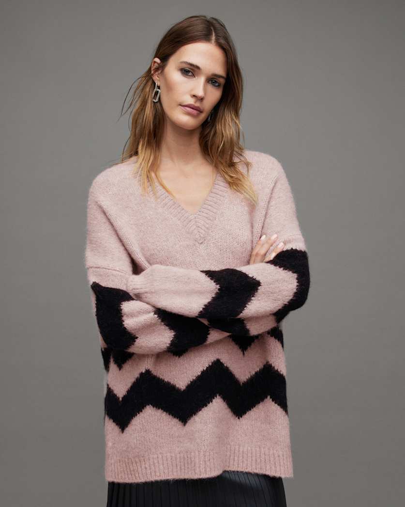 all saints Ziggi Zig Zag Striped V-Neck Sweater PASHMINA PINK/BLK