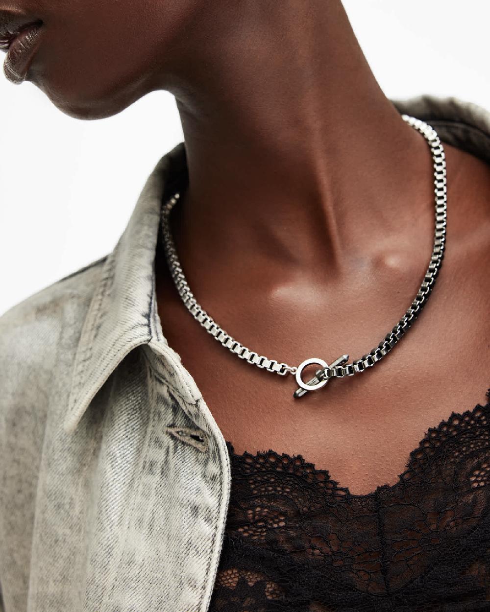 All Saints Zoe Box Chain Necklace WARM SILVER/BLACK