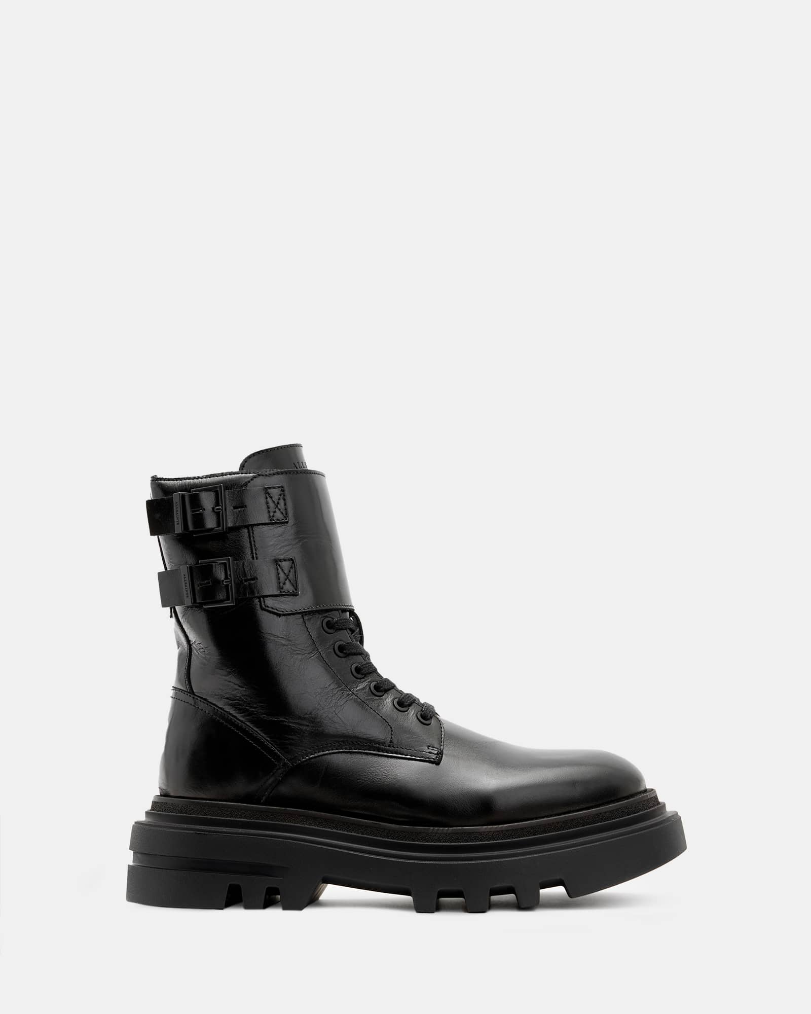 All Saints Zoe Lace Up Chunky Leather Boots Black Shine