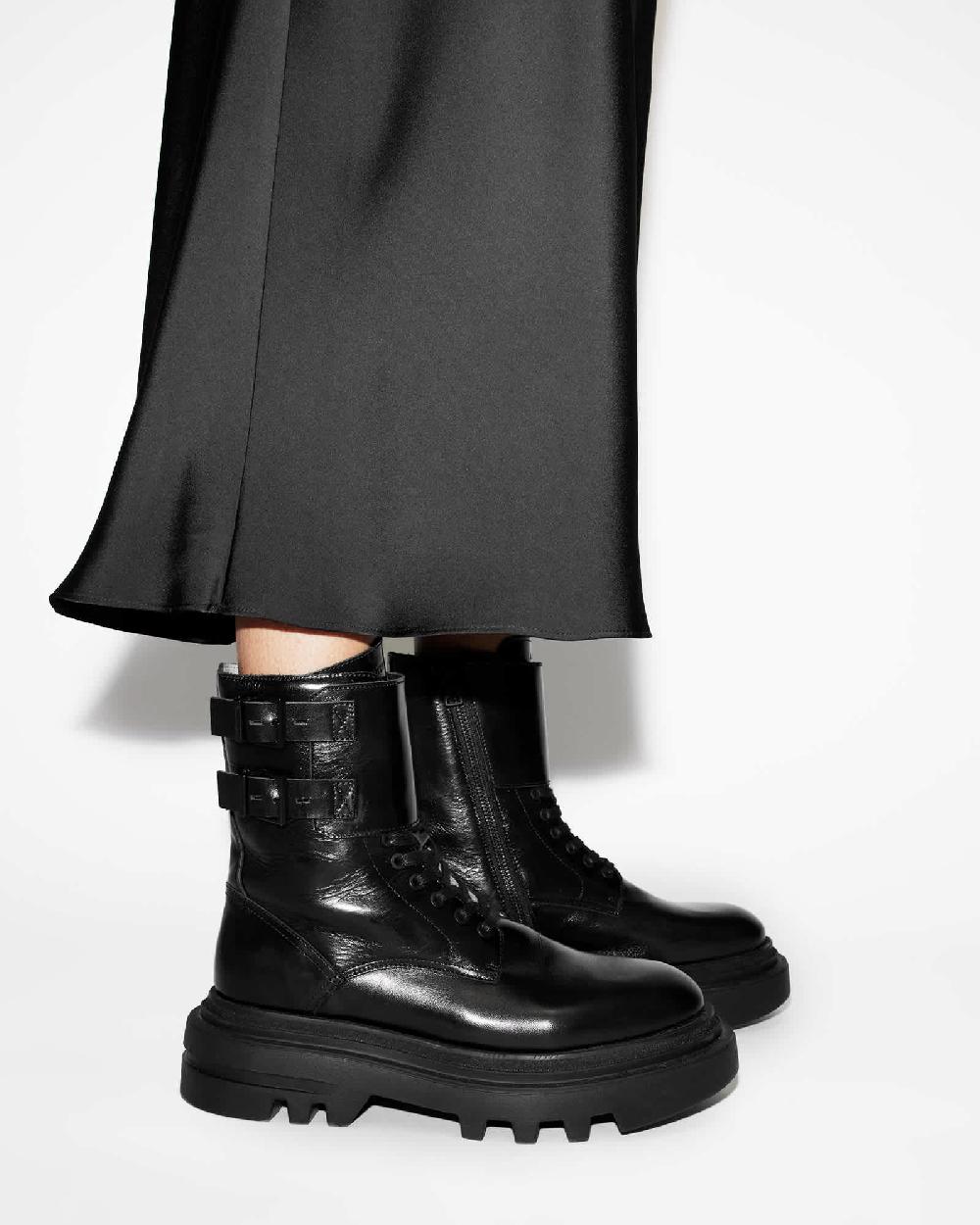 All Saints Zoe Lace Up Chunky Leather Boots Black Shine