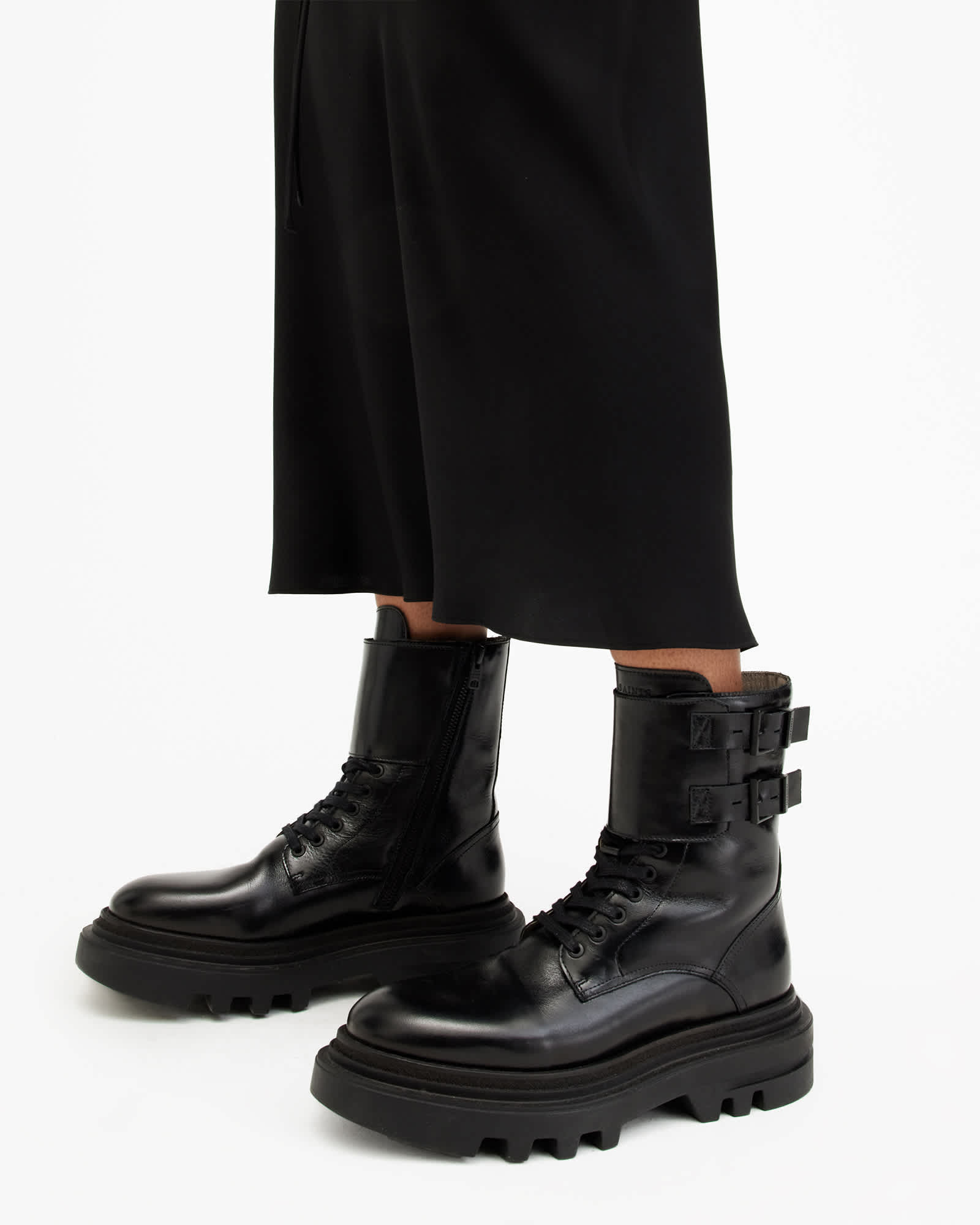 All Saints Zoe Lace Up Chunky Leather Boots Black Shine