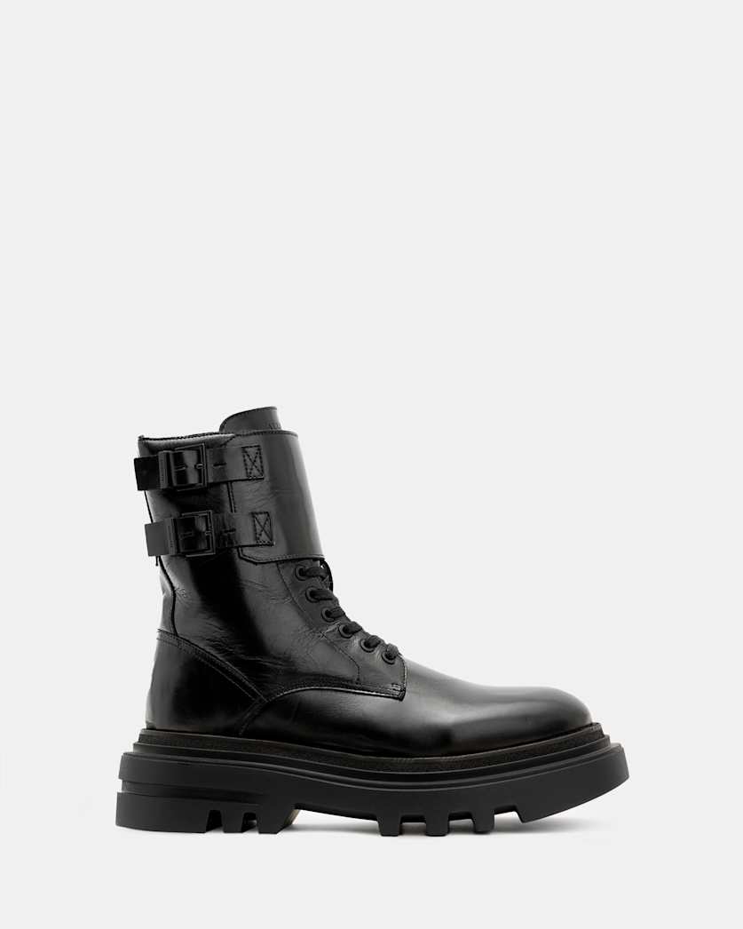 all saints Zoe Lace Up Chunky Leather Boots Black Shine