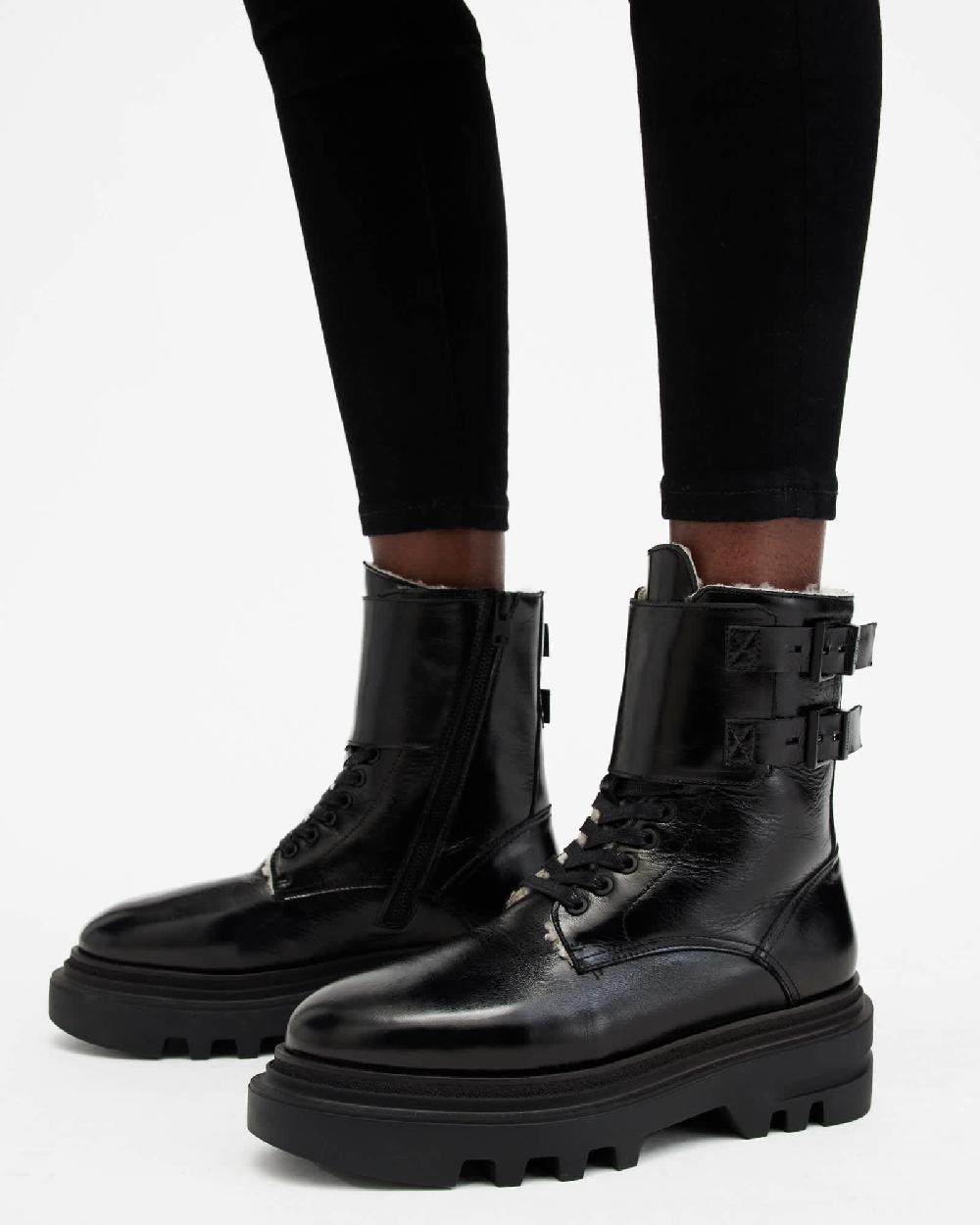 All Saints Zoe Lace Up Shearling Lined Leather Boots Black Shine