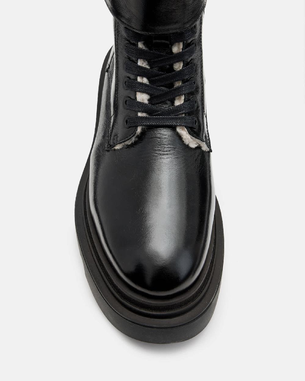 All Saints Zoe Lace Up Shearling Lined Leather Boots Black Shine