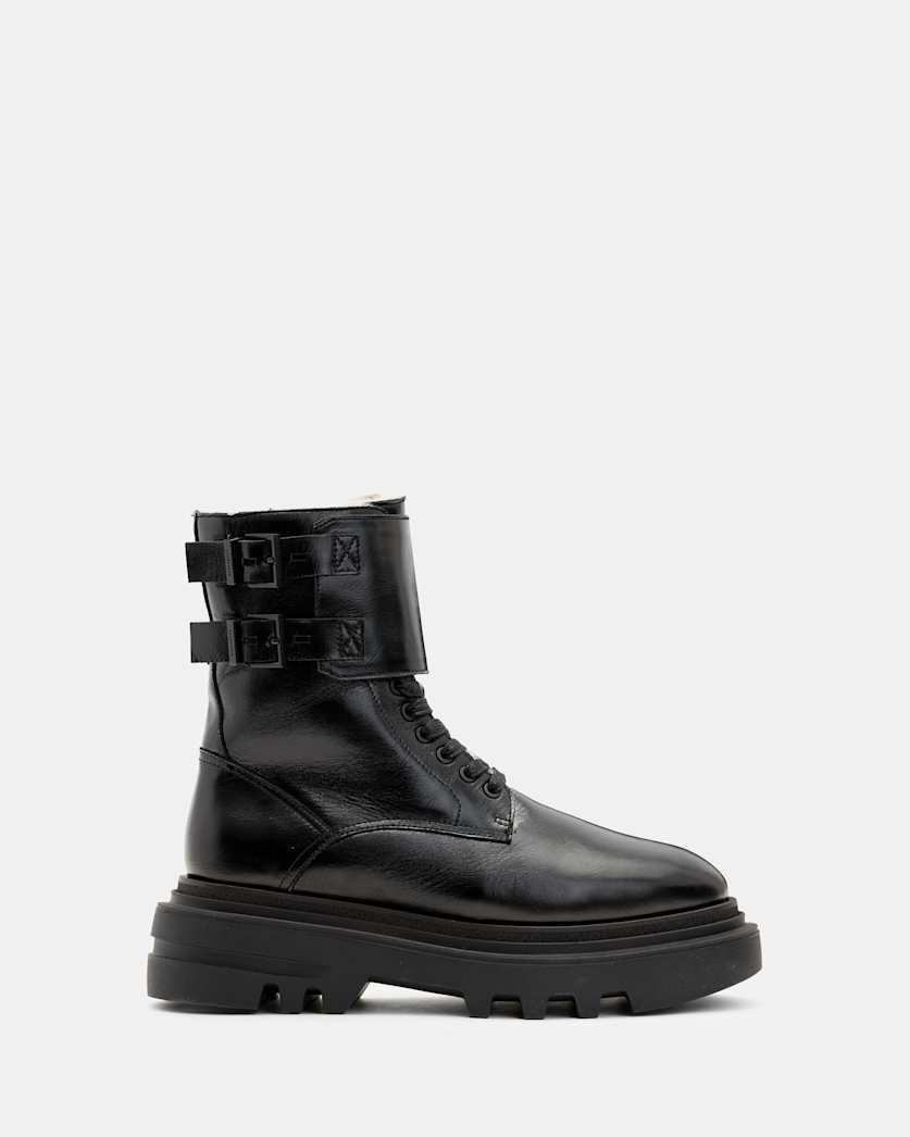 all saints Zoe Lace Up Shearling Lined Leather Boots Black Shine