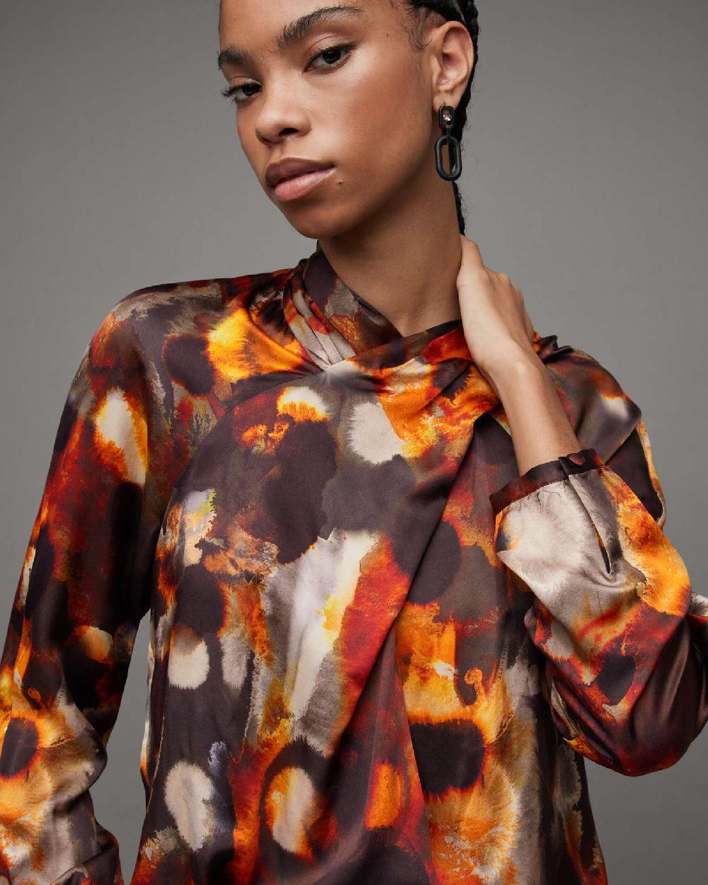 All Saints Zola Silk Blend High Neck Top Rust Brown