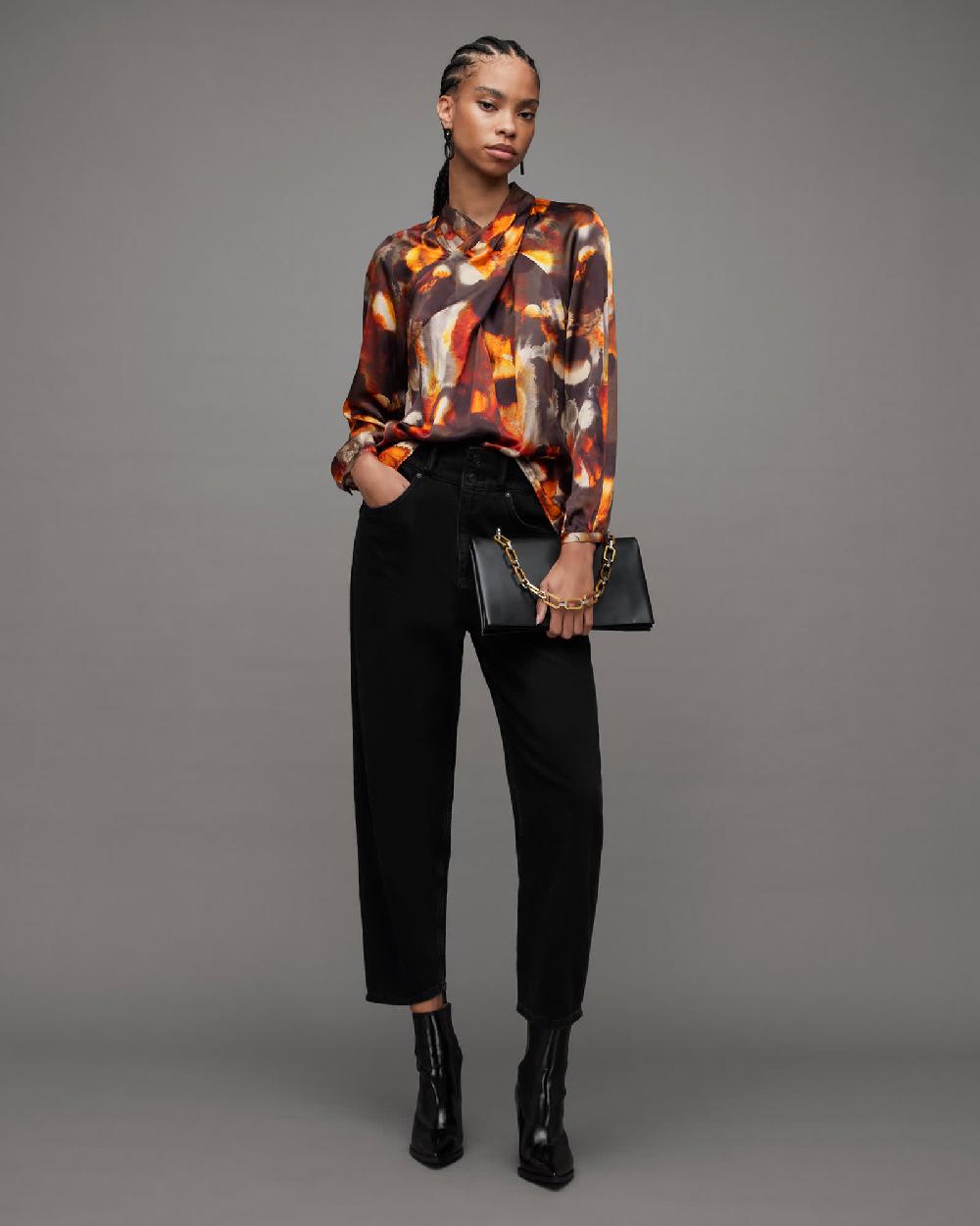 All Saints Zola Silk Blend High Neck Top Rust Brown