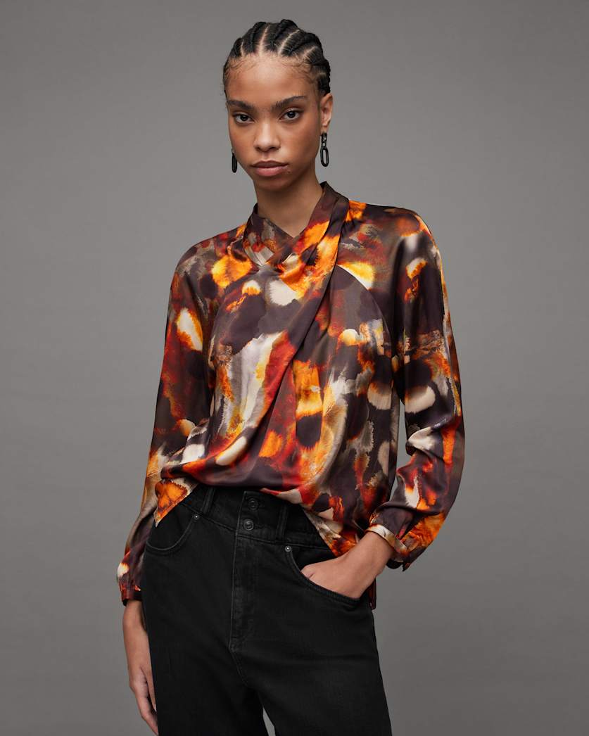 all saints Zola Silk Blend High Neck Top Rust Brown