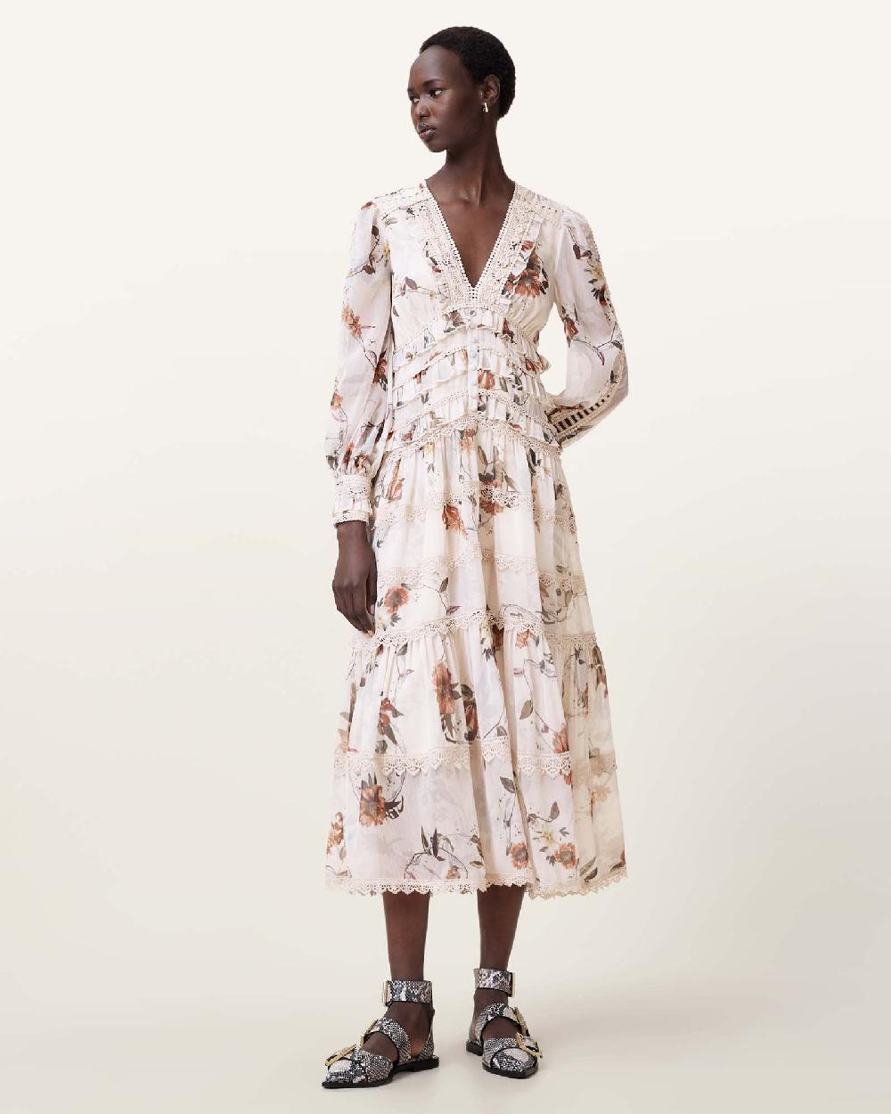 All Saints Zora Floral Ruffle Midi Dress Utility Ecru White