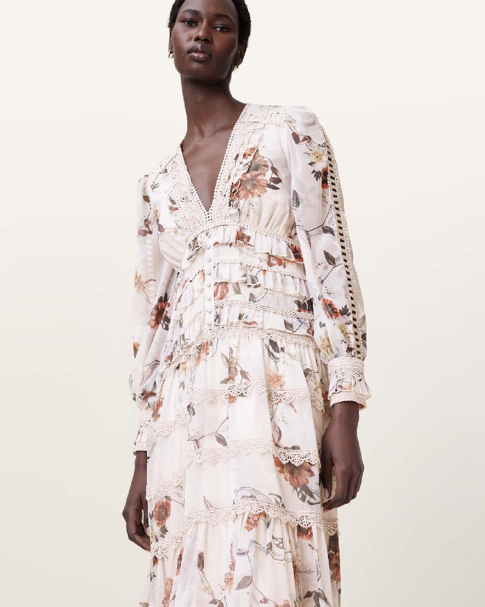 All Saints Zora Floral Ruffle Midi Dress Utility Ecru White