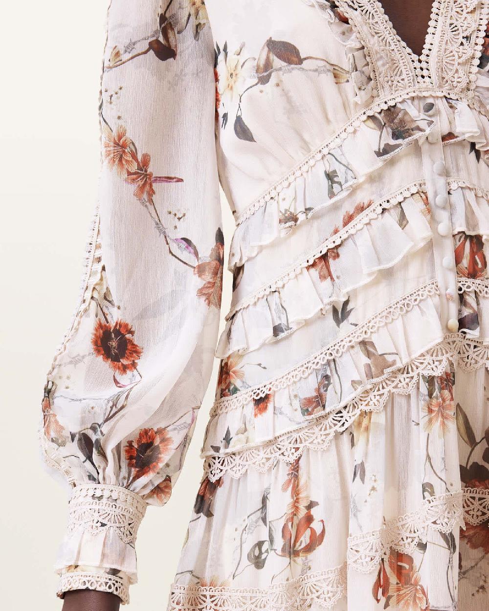 All Saints Zora Floral Ruffle Midi Dress Utility Ecru White