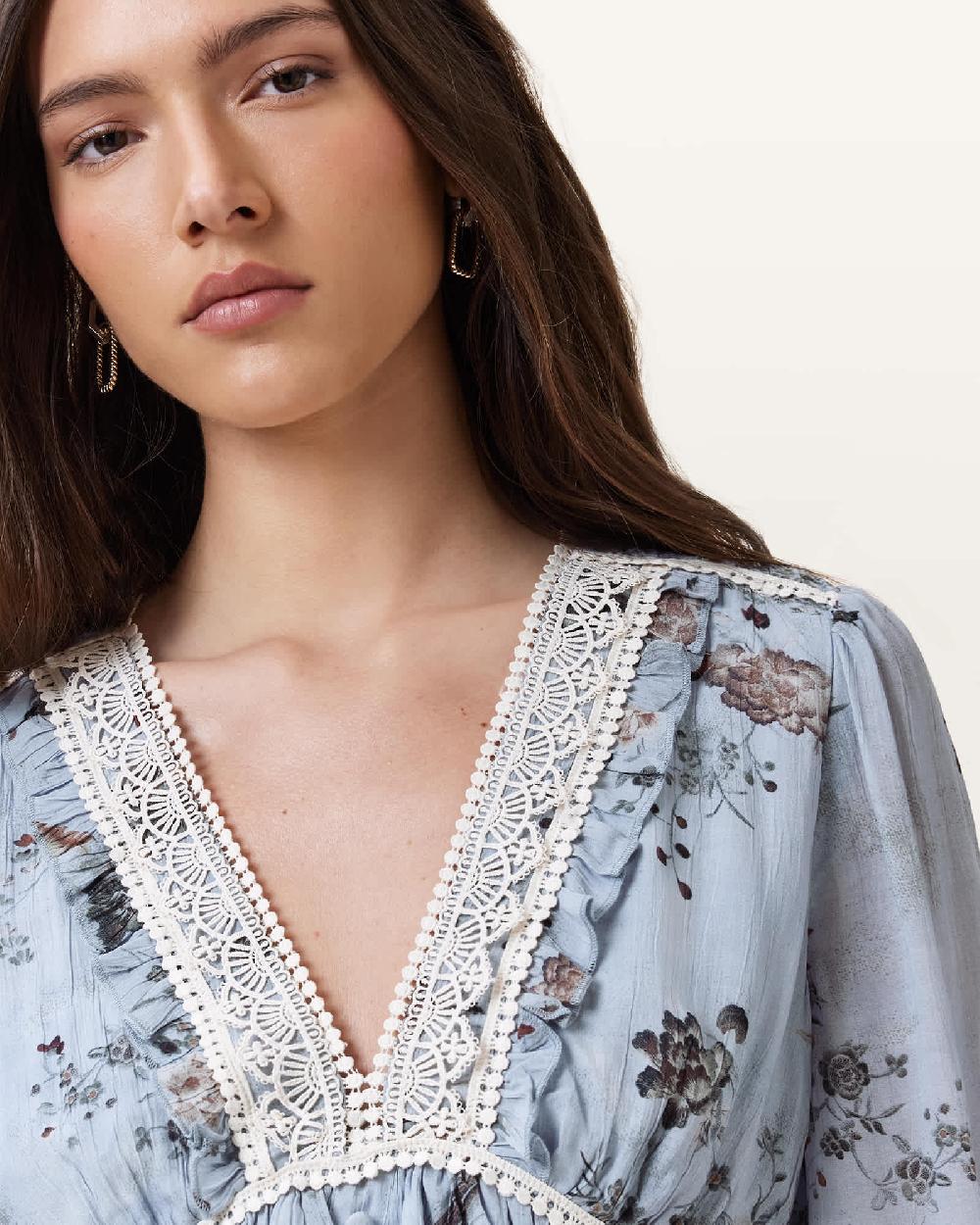 All Saints Zora Floral Ruffled Top ORIGIN BLUE BIRD