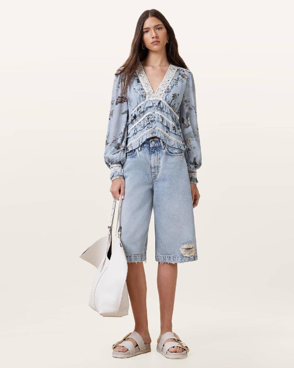 All Saints Zora Floral Ruffled Top ORIGIN BLUE BIRD