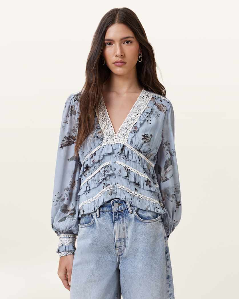 all saints Zora Floral Ruffled Top ORIGIN BLUE BIRD