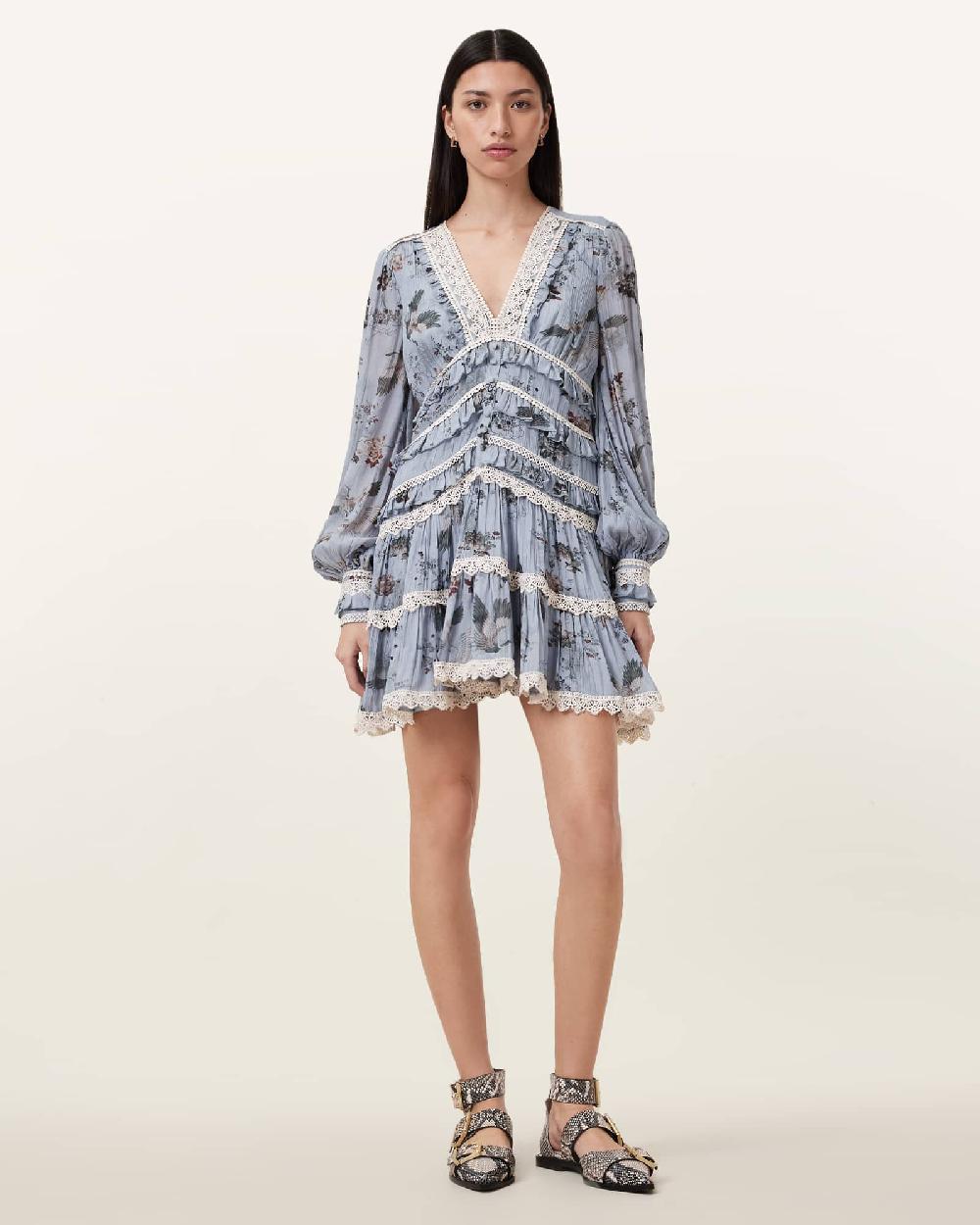 all Saints Zora Ruffled Woven Mini Dress ORIGIN BLUE BIRD