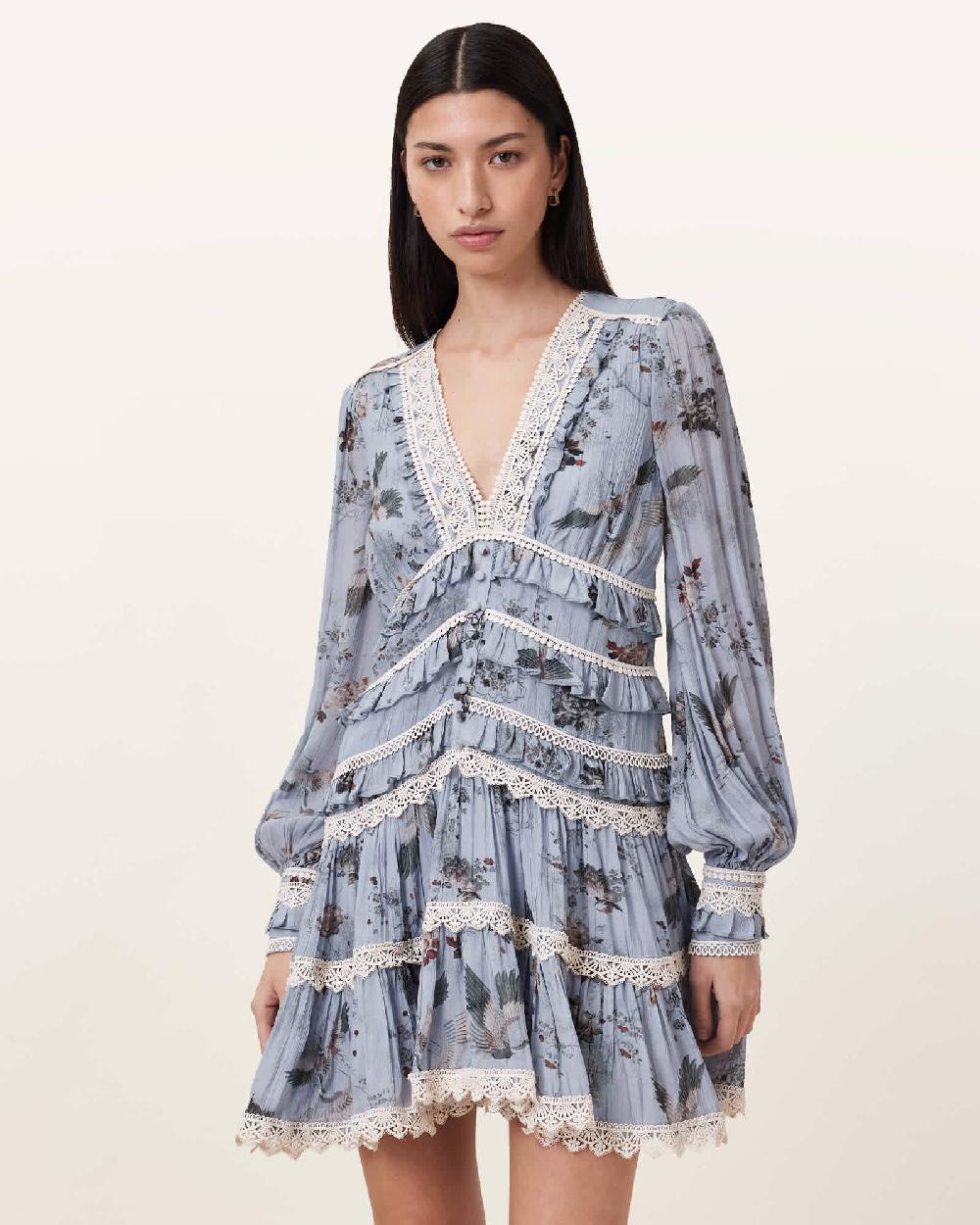 all Saints Zora Ruffled Woven Mini Dress ORIGIN BLUE BIRD