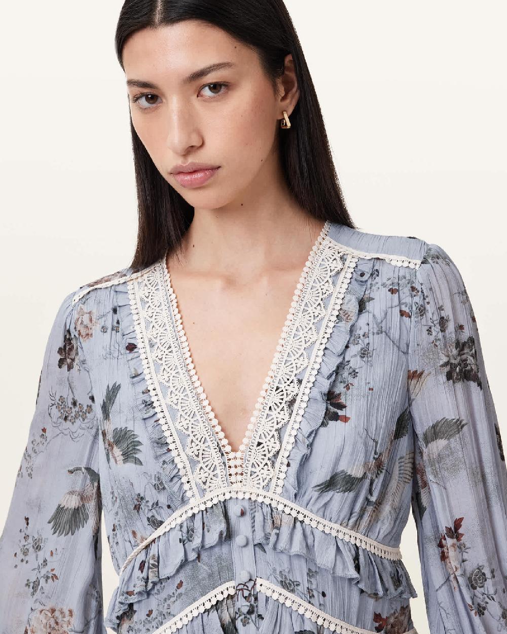 all Saints Zora Ruffled Woven Mini Dress ORIGIN BLUE BIRD