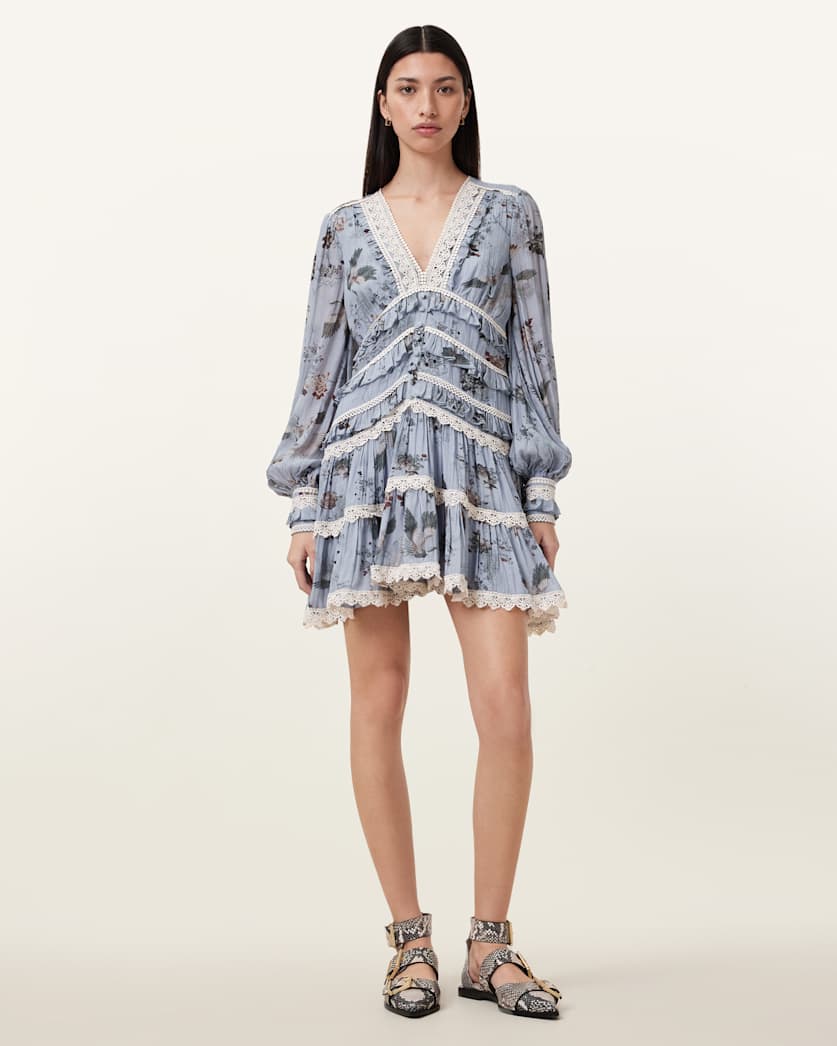 all saints Zora Ruffled Woven Mini Dress ORIGIN BLUE BIRD