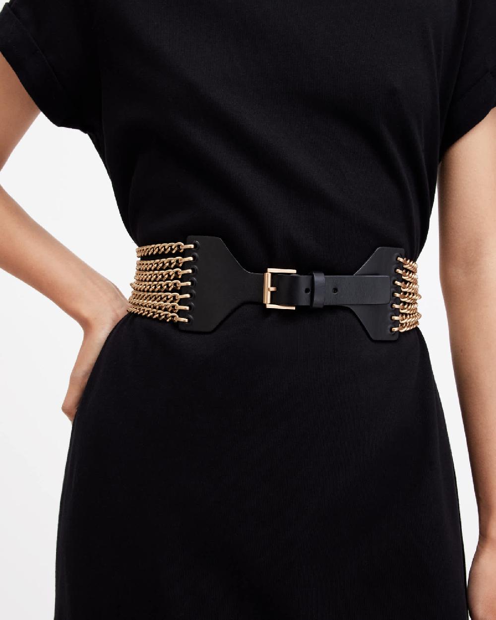 All Saints Zora Wide Leather Chain Belt BLACK/WARM BRASS