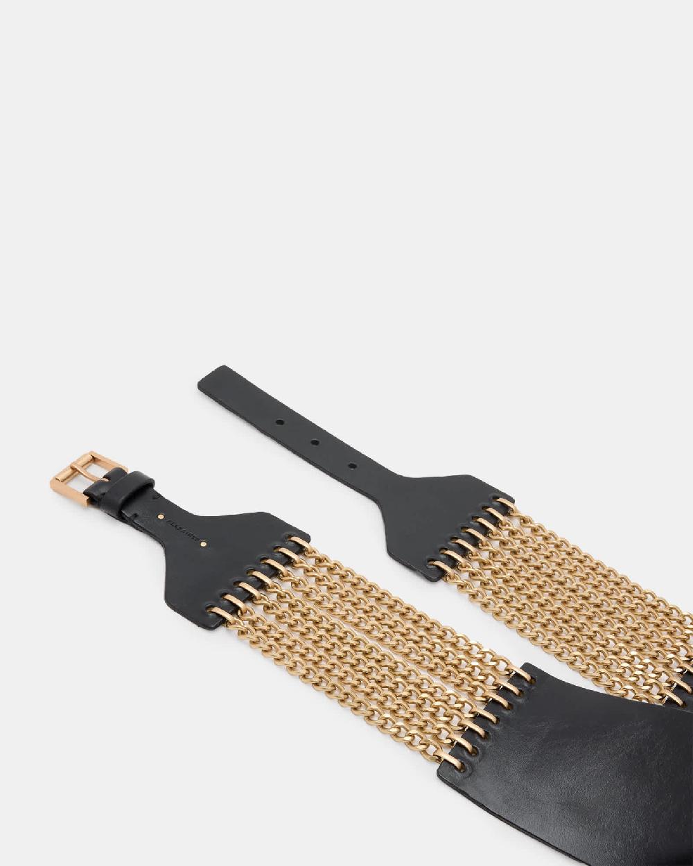 All Saints Zora Wide Leather Chain Belt BLACK/WARM BRASS