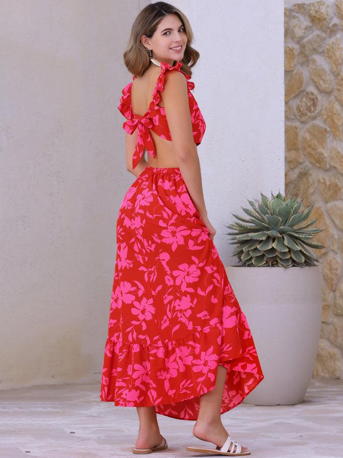 Allegra K 2 Pieces Floral Ruffled Cropped Top And Maxi Skirt Beachwear Set