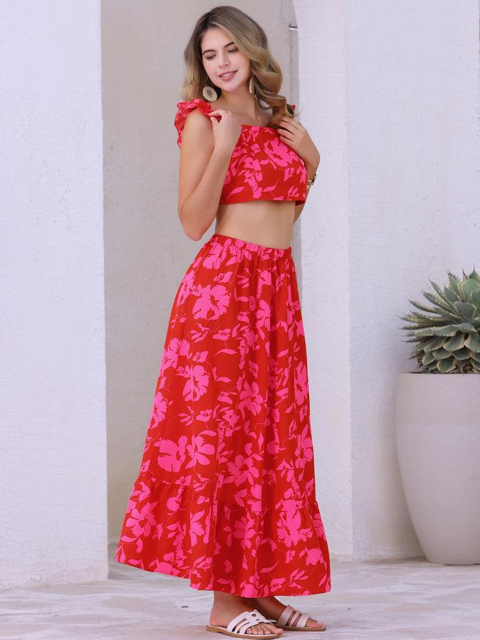Allegra K 2 Pieces Floral Ruffled Cropped Top And Maxi Skirt Beachwear Set