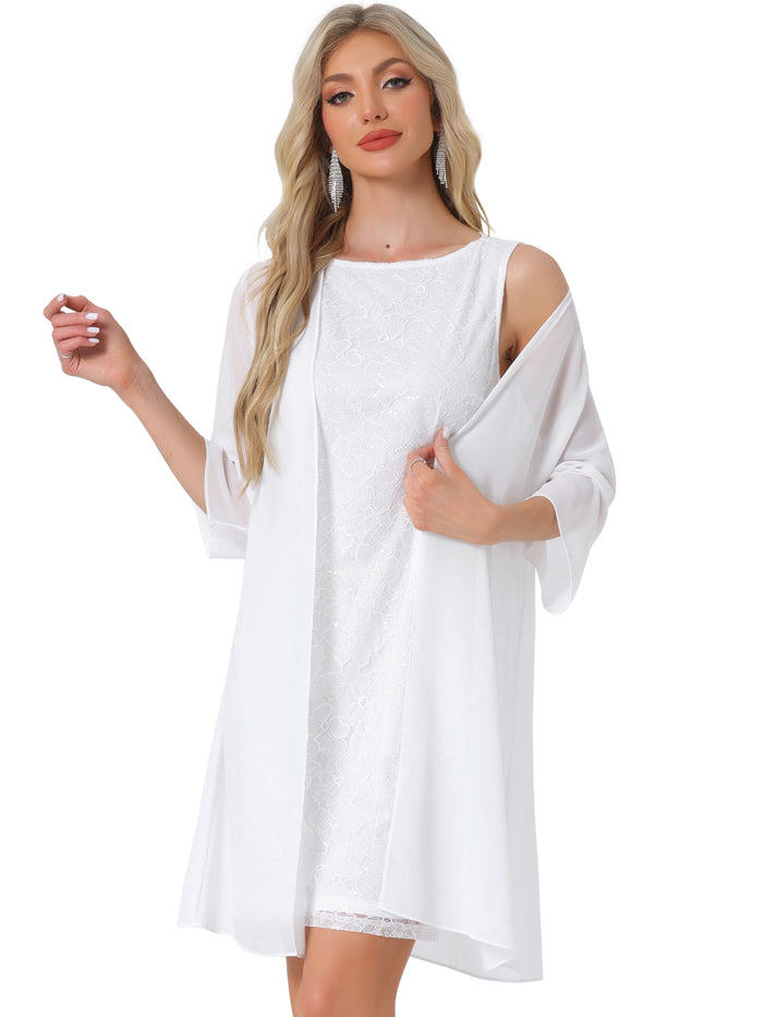 Allegra K 2 Pieces Sleeveless Sequin Lace Mini Sheath Dress & 3/4 Sleeves Mesh Jacket Set