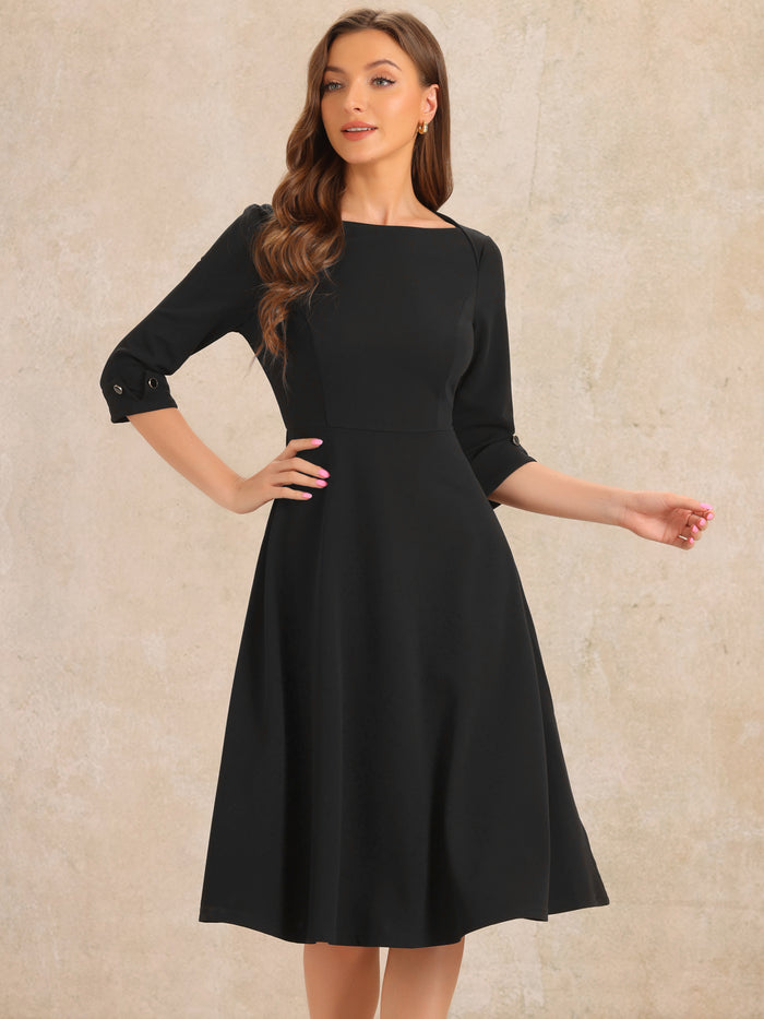 allegra k 3/4 Sleeve Boat Neck Solid Color A-Line Midi Dress