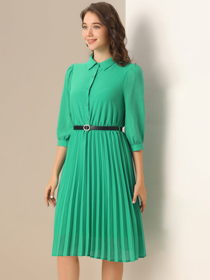 Allegra K 3/4 Sleeve Button Down Belted Pleated Shirt Dress
