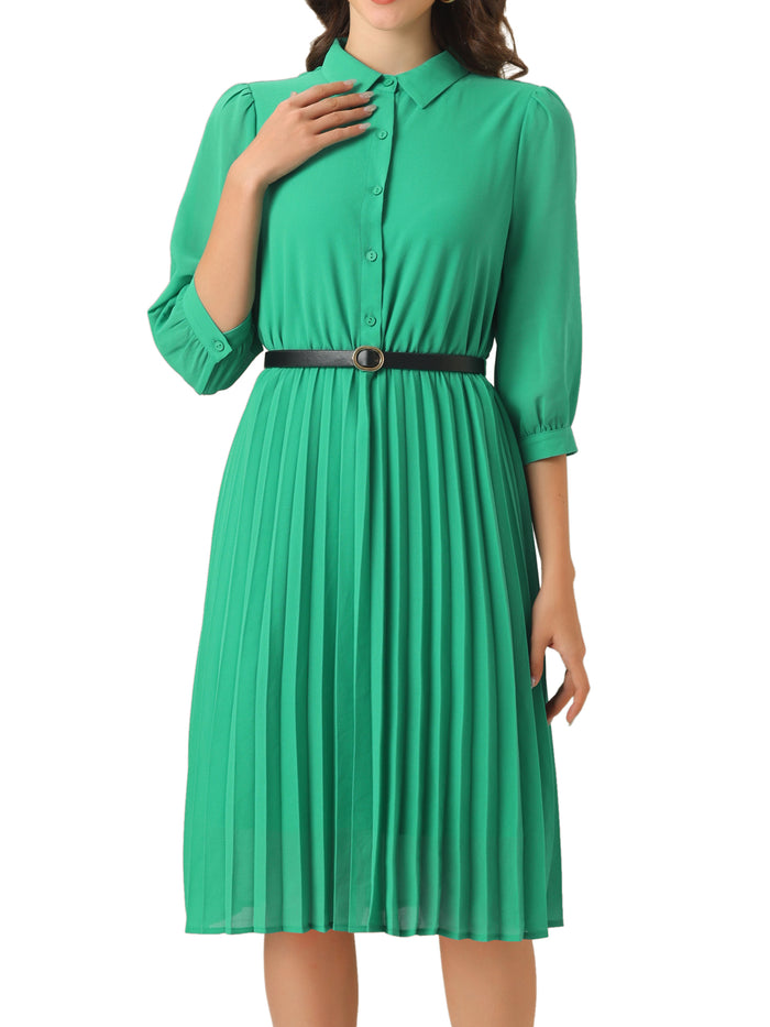 Allegra K 3/4 Sleeve Button Down Belted Pleated Shirt Dress