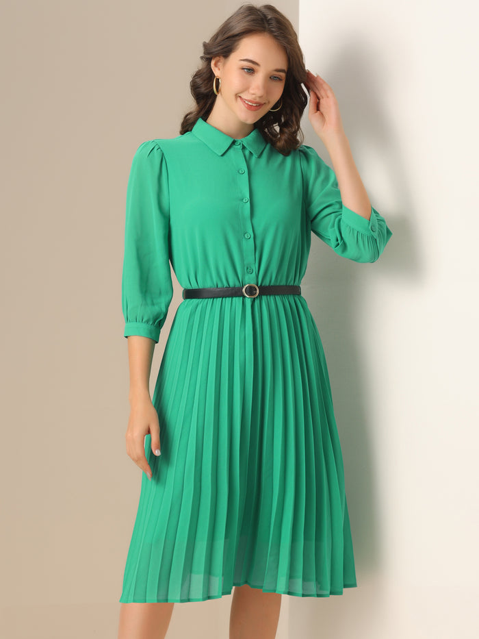 allegra k 3/4 Sleeve Button Down Belted Pleated Shirt Dress