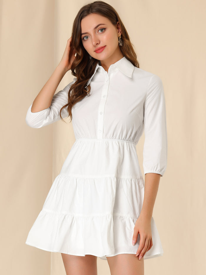 Allegra K 3/4 Sleeve Casual Fall Elastic Waist Cute Collared Tiered Mini Shirt Dress
