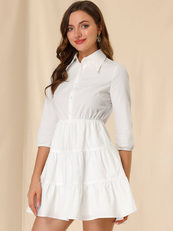 allegra k 3/4 Sleeve Casual Fall Elastic Waist Cute Collared Tiered Mini Shirt Dress