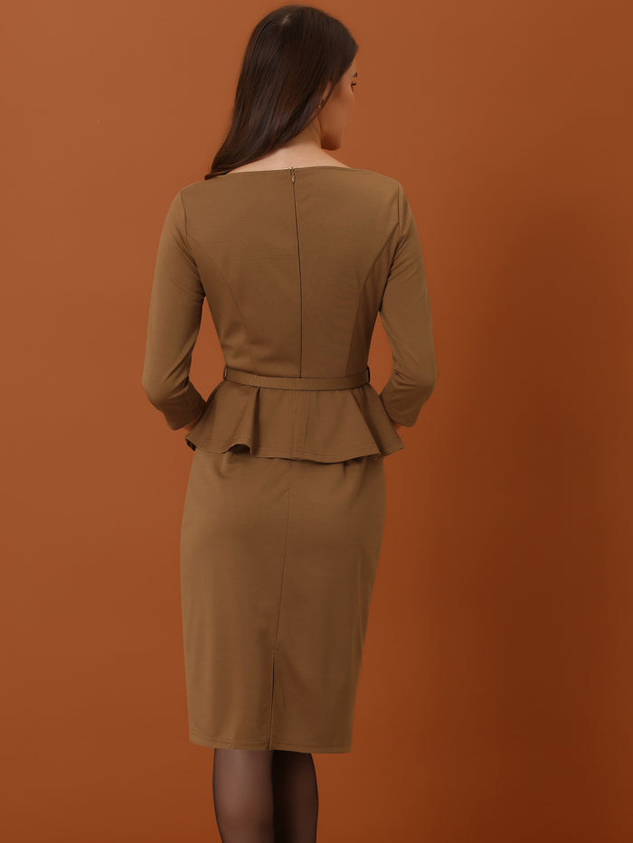 Allegra K 3/4 Sleeve Midi Bodycon Peplum Sheath Pencil Dress