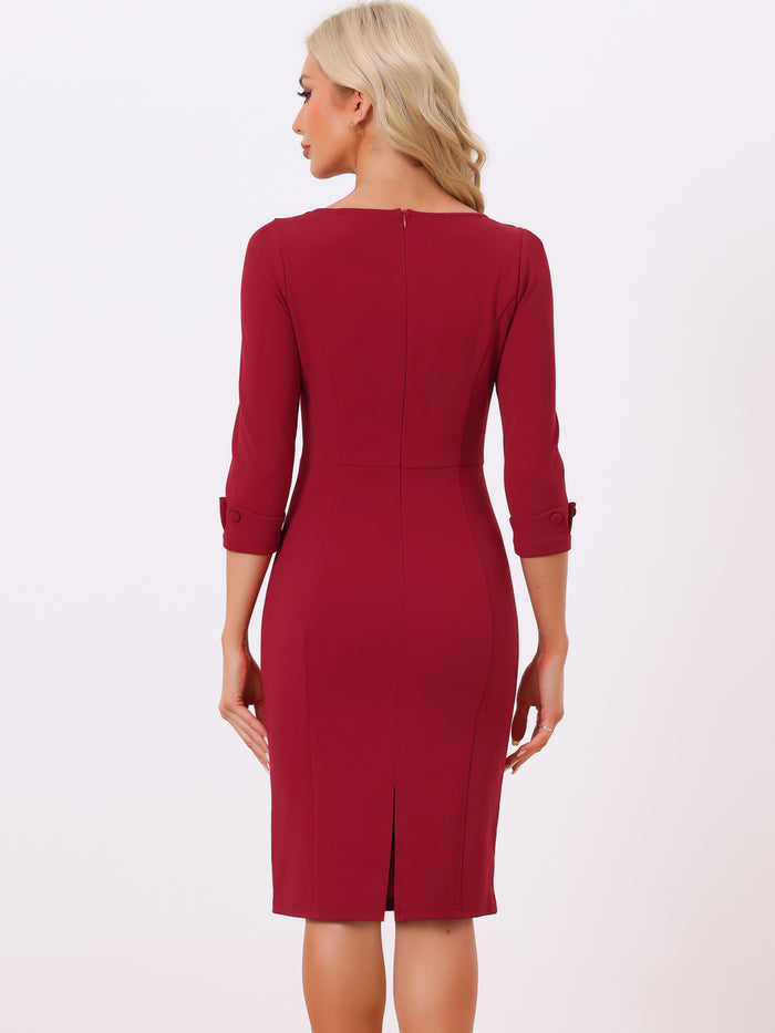 Allegra K 3/4 Sleeve Notch Neck Slim Fit Work Pencil Midi Dress