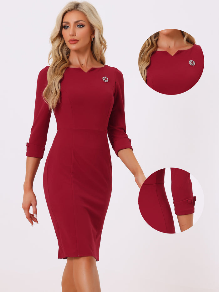 Allegra K 3/4 Sleeve Notch Neck Slim Fit Work Pencil Midi Dress