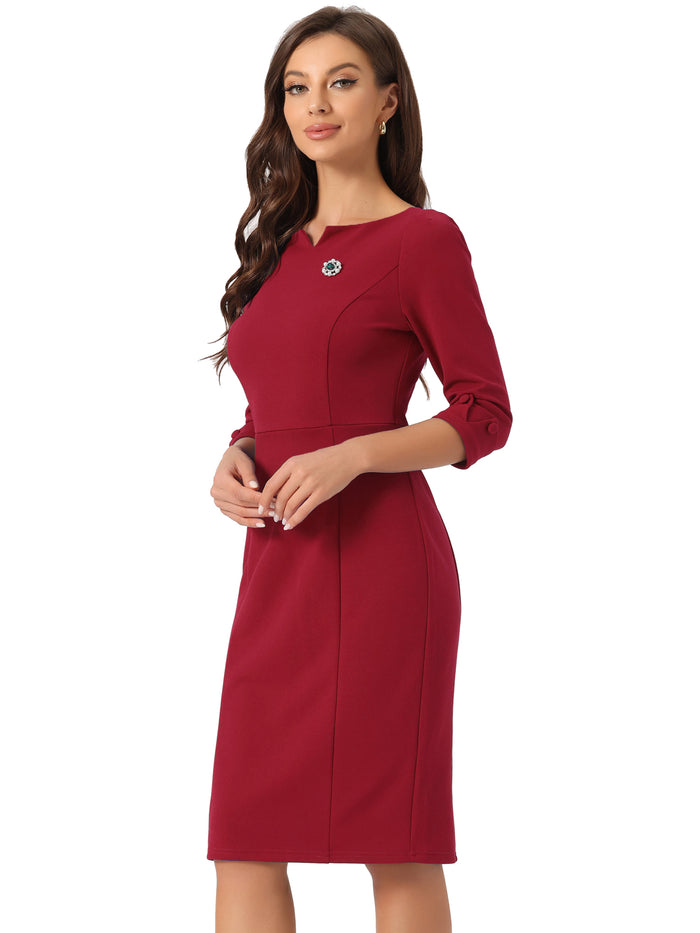 Allegra K 3/4 Sleeve Notch Neck Slim Fit Work Pencil Midi Dress