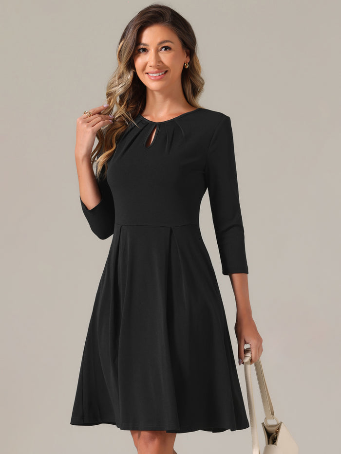 Allegra K 3/4 Sleeve Pleated Keyhole Pockets A-Line Above Knee Dress