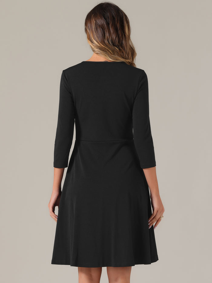 Allegra K 3/4 Sleeve Pleated Keyhole Pockets A-Line Above Knee Dress