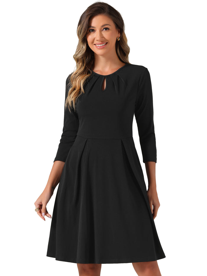 Allegra K 3/4 Sleeve Pleated Keyhole Pockets A-Line Above Knee Dress