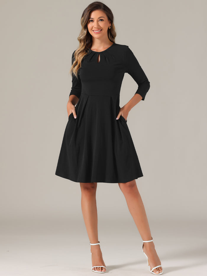 allegra k 3/4 Sleeve Pleated Keyhole Pockets A-Line Above Knee Dress