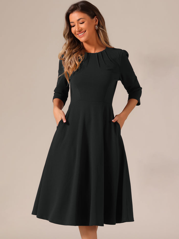 allegra k 3/4 Sleeve Pleated Round Neck Pocketed A-Line Swing Midi Dress