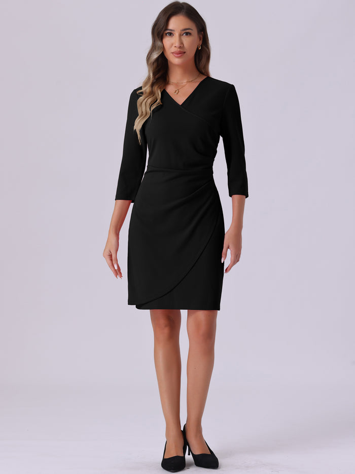 Allegra K 3/4 Sleeve Solid Color Ruched V Neck Midi Sheath Dress